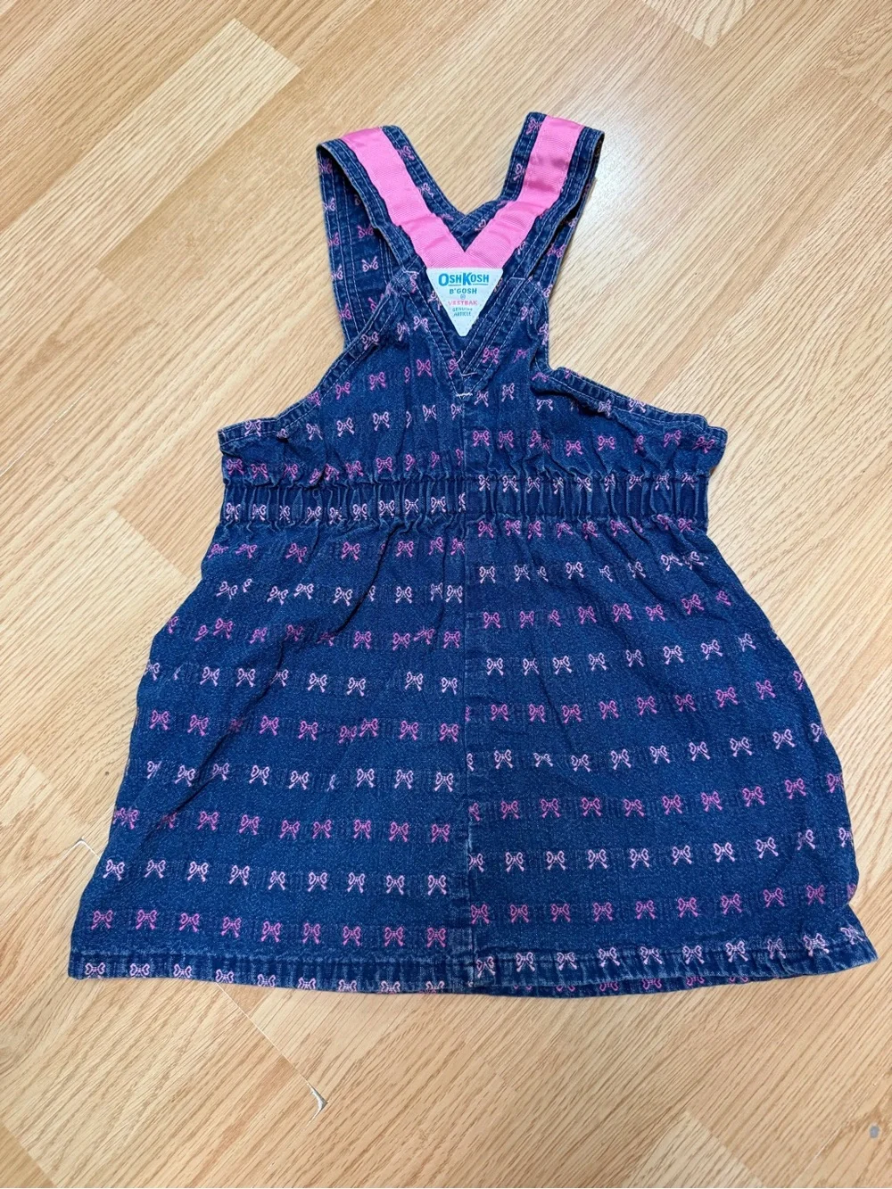 Vintage OshKosh B’Gosh Vestbak Girls Denim Bow Print Overall Jumper Dress USA